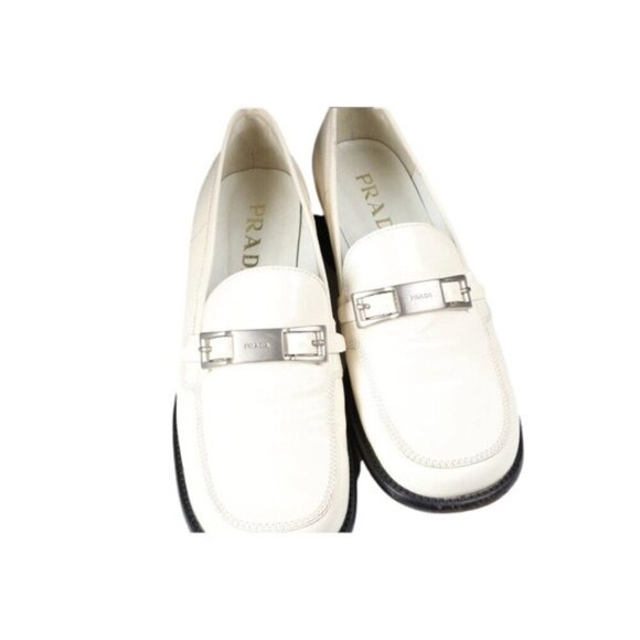 Prada Women's Off-White Leather Loafers With Silver Buckle Size 37.5 (US 7) - Picture 4 of 7